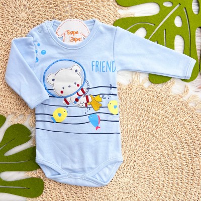 Kit 3 Peças - Bodys Manga Longa Ursinhos Friends - Off White, Marinho e Azul Bebê